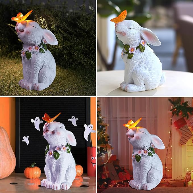 Attivolife Garden Solar Outdoor Statues Bunny Light, Patio Decor Easter Rabbit with Butterfly Ornament for Lawn Balcony Yard Art Decoration, for Mom Grandma