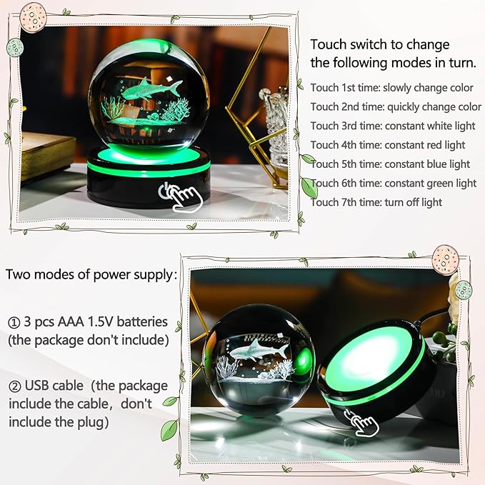 YWHL 3D Shark Figurine Crystal Ball with Colorful Light Base, Shark Gifts for Women Men Shark Lovers on Christmas Birthday, 3D Laser Engraved Shark Sphere Glass Ball for Home Office Decoration (80mm)