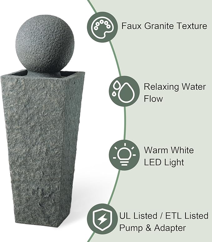 Glitzhome Outdoor Water Fountain with LED Light, Oversized Modern Sphere Pedestal Water Fountain with Submersible Pump, Outdoor Fountains Garden Waterfall for Patio Deck Porch, 40.25" H