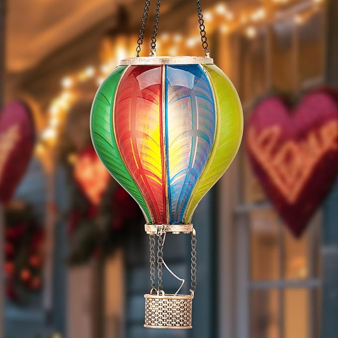 TERESA'S COLLECTIONS Hot Air Balloon Solar Lantern for Garden Decor ,Flickering Flame Hanging Solar Light for Outdoor ,Colorful Plastic Lamp for Yard Tree Gift for Mom
