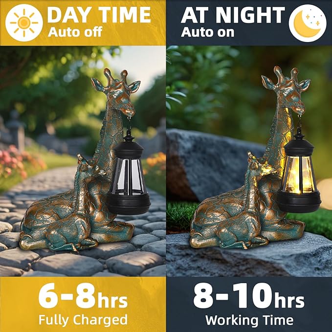 Solar Garden Decor - Mother Baby Giraffe Statue with Solar Lantern 9.7" Resin Giraffe Figurine Outdoor Patio Yard Porch Decor Gifts for Mom Grandma Women Gardeners
