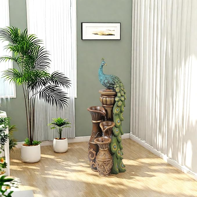 LuxenHome Outdoor Water Fountain, 44 Inch Resin Peacock Water Fountain Outdoor with Urns and LED Light, Tall Fountains Outdoor for Garden, Waterfall for Patio, Brown/Teal