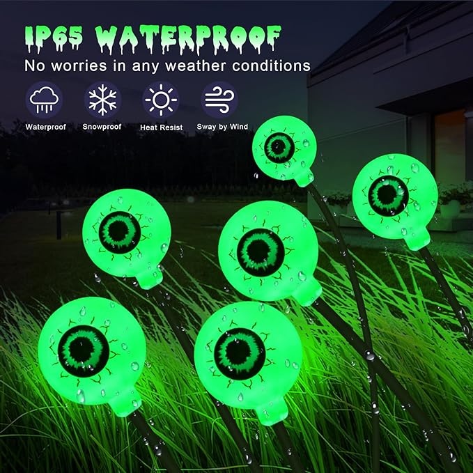 Solar Eyeball Lights Outdoor, 4 Pack 32 LED Halloween Eyeball Lights Outdoor Waterproof 8 Modes Scary Eyeballs Swaying Lights, Eyeballs Halloween Decor for Outside Yard Garden Party (Green)