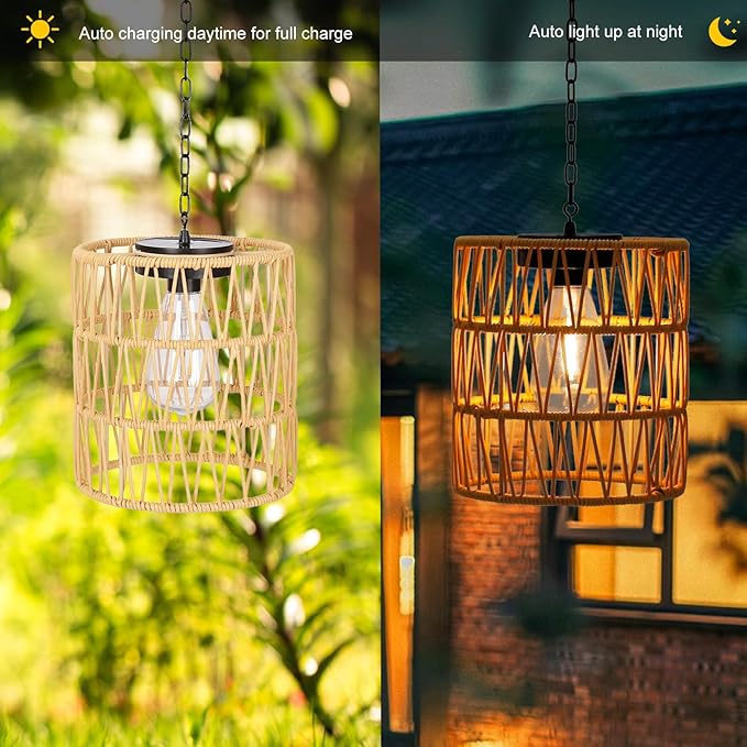 Solar Chandelier Lantern,Outdoor Rattan Pendant Lights,Waterproof Boho Hanging Lamps with Edison Bulb for Gazebo Tree Porch Yard Porch Patio Garden Backyard Decor