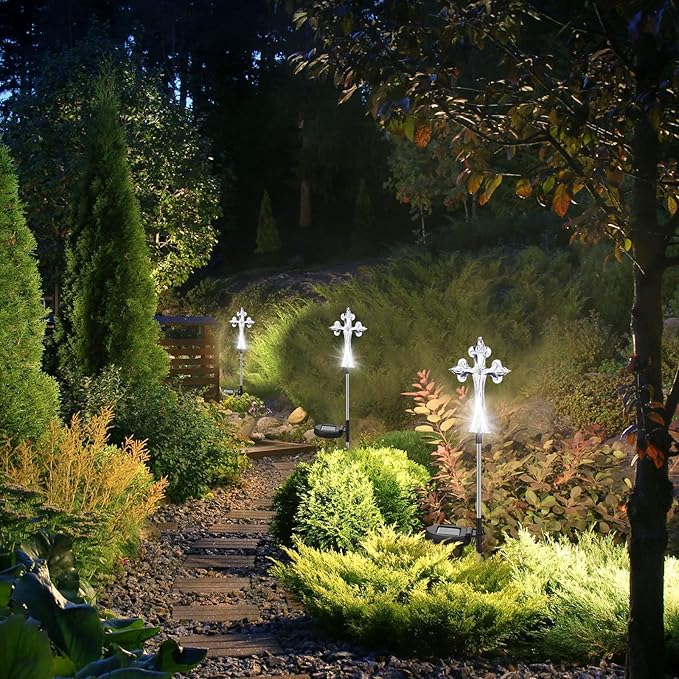Riakrum 4 Piece Solar Cross for Cemetery Grave Grave Crosses for Cemetery Memorial Stake Solar Lights Waterproof Outdoor Garden Stake Cemetery Cross for Grave Yard Decorations, 16 Inches Long