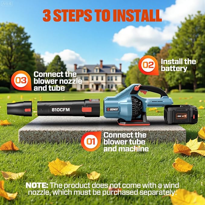SENIX Leaf Blower Cordless, 60V Max 1300W Brushless Electric Leaf Blowers, 810 CFM & 170 MPH, Stepless Speed, Cruise Control, 60V 4.0Ah Battery & Charger Included,Blowers for Lawn Care, Yard, Garden