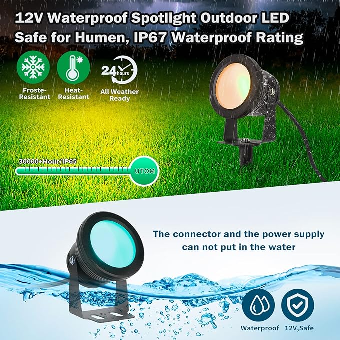 Smart Outdoor Lights,15w Halloween Lights with US Plug,12V APP Control Spotlight with Waterproof,Dimmable Spot Lights with Timer（NO Remote）