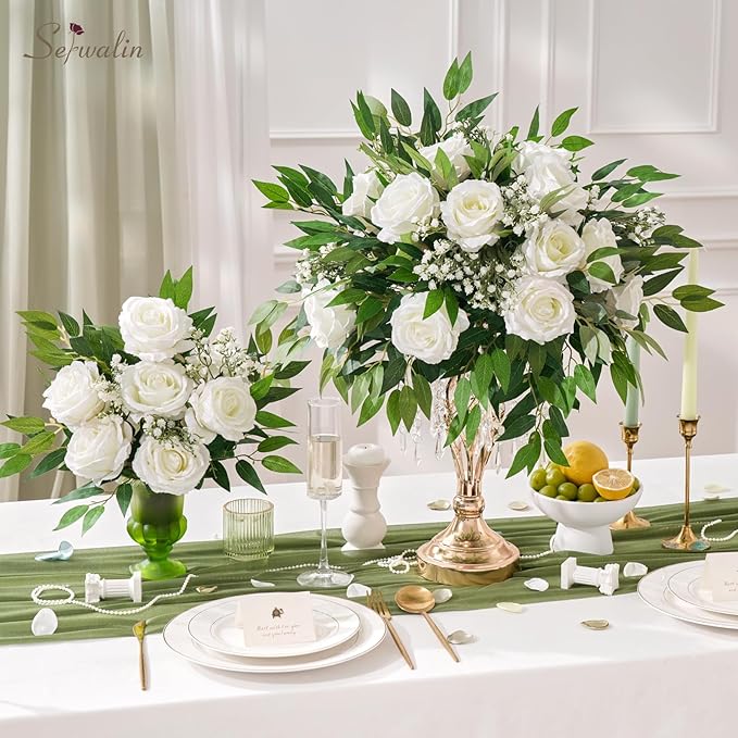Serwalin 50pcs Artificial White Roses, 4'' Velvet Flower Head Fake Roses Bulk, Real Touch Silk Roses Realistic Bouquet Long Stems Wedding Home Decor and Table Centerpiece