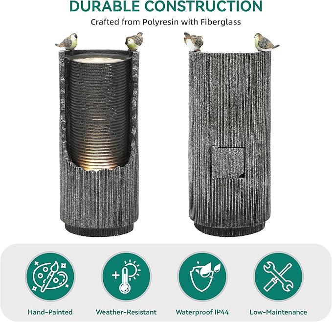 32" Rustic Cracked Jar Water Fountain Outdoor with LED Lights, Polyresin Freestanding Waterfall Feature, Tranquil Oasis for Garden, Patio, Yard, or Porch