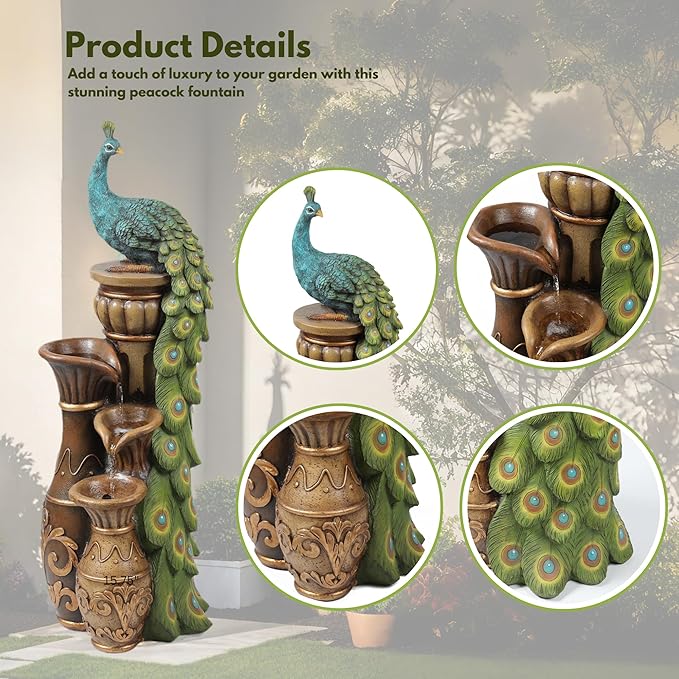 LuxenHome Outdoor Water Fountain, 44 Inch Resin Peacock Water Fountain Outdoor with Urns and LED Light, Tall Fountains Outdoor for Garden, Waterfall for Patio, Brown/Teal