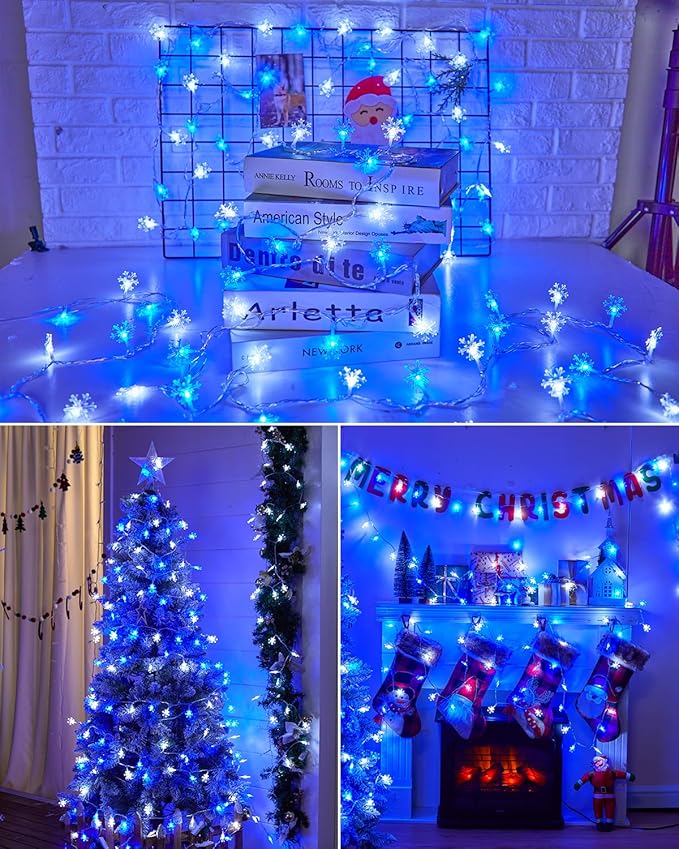 Brightown Solar Christmas Snowflake String Lights 100 LED 39 FT Outdoor Waterproof Fairy Lights with 8 Lighting Modes for Wedding, Party, Tree, Room, Garden, Patio, Yard, Home, Blue & White