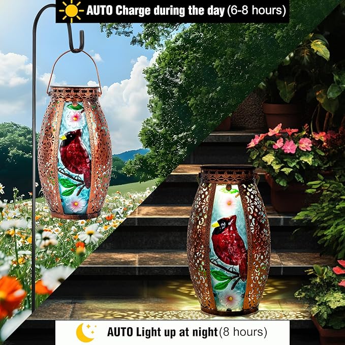 Larekook Outdoor Solar Lantern-Waterproof Cardinal Hanging Metal Decorative Lights for Patio Table Garden Pathway Yard with Super Bright Warm White LED,Large Solar Panels,Auto On/Off Sensor