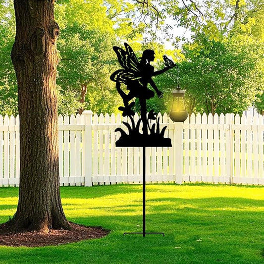 Solar Angel with Butterfly Garden Stakes Outdoor Decor Metal Angel Holding Solar Lantern Decorative Garden Metal Stakes Outdoor Flower Silhouette Stakes