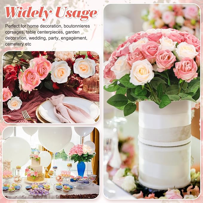36 Pcs Pink Champagne Rose Artificial Flowers Bulk with Long Stem,Realistic Silk Fake Roses Plastic Roses Bouquet Artificial Flowers for Bridal Wedding Arrangement Table Centerpieces Decor