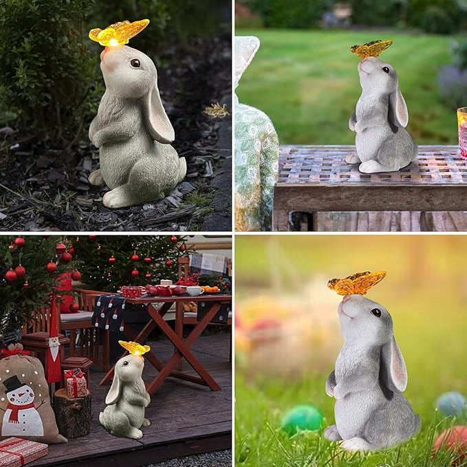 Attivolife Garden Solar Outdoor Statues Rabbit Light, Bunny with Butterfly & 7 Color Change Lamp, Patio Easter Ornament for Lawn Balcony Porch Yard Art Decor, for Mom Grandma