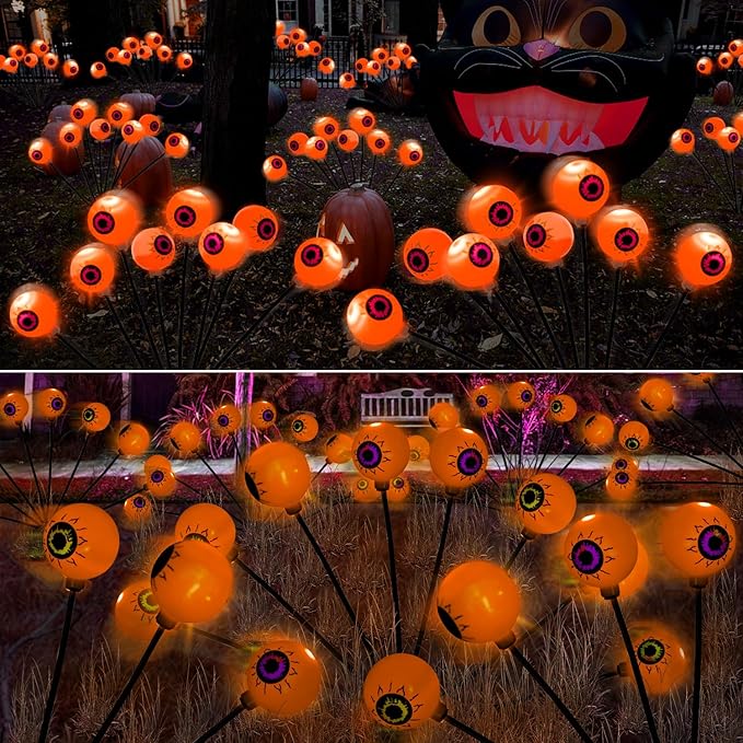 Halloween Decorations Outdoor Path Lights - 4 Packs 32LEDs Solar Halloween Eyebal Pathway Lights Swaying by Wind,Waterproof Solar Halloween Stake Lights for Garden Yard Porch Patio Pathway (Orange)