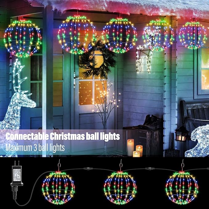 Joomer 2 Pack Christmas Ball Lights, 12IN 120 LED Foldable Metal Sphere, Connectable Waterproof 8 Modes With Timer, Hanging Tree Globe for Holiday Christmas Decorations (Multicolor)