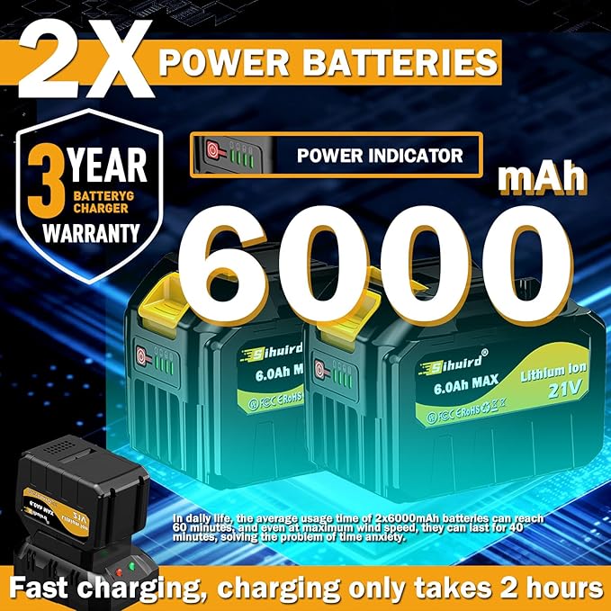 Leaf Blower Cordless,2 x 21V 6.0Ah Battery and Charger, with 680CFM 190MPH Electric Cordless Leaf Blower, 3-Variable Speed & Turbo Mode, Blowers for Lawn Care (5002 E) (Yellow)