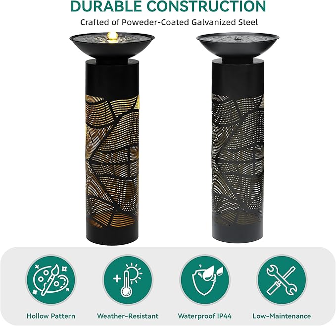 31.5" H Metal Cutout Geometric Patterns Outdoor Water Fountain with LED Lights, 2-Tier Modern Pedestal Waterfall Fountains, Ideal for Garden, Yard, Patio Décor