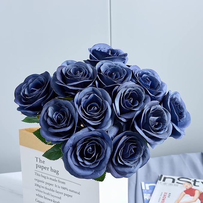 12pcs Roses Artificial Flowers Fake Roses Navy Blue Silk Roses Navy Silk Flowers Rose with Long Stems for Wedding Home Party Centerpieces Decorations