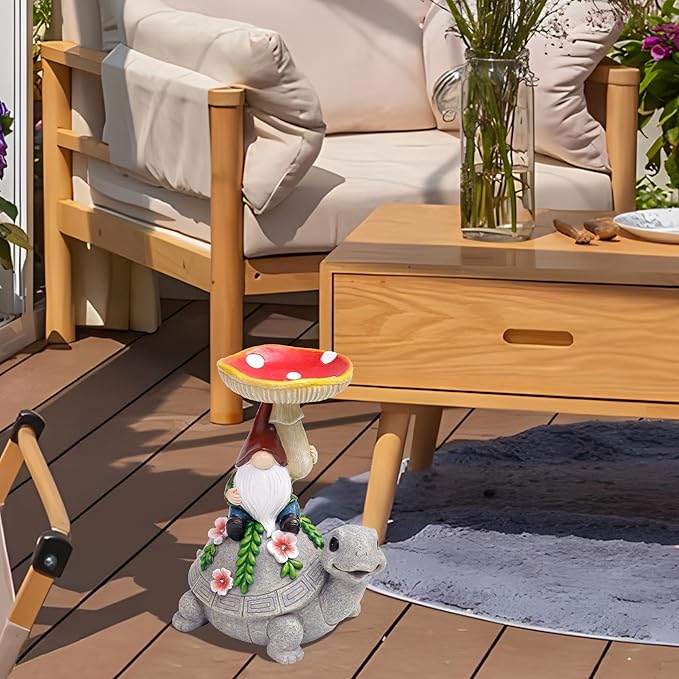 Turtle Garden Statue with Mushroom Bird Bath Outdoor Decor, Gnome Bird Feeder with Solar LED Light Waterproof for Yard Lawn Outdoor Decorations, Easter Gifts to Women Birthday Mother's Day