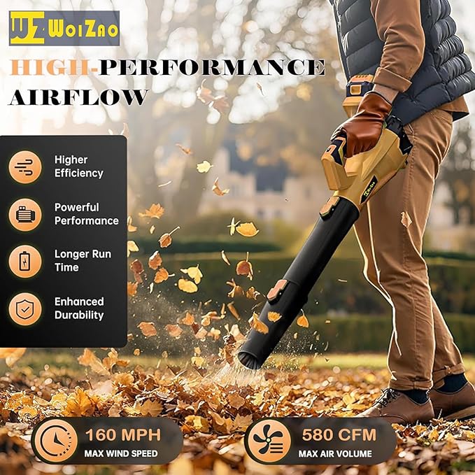 Electric Leaf Blower Cordless with 2X 4.0Ah 21V Battery and Charger,6 Speed Mode 580CFM 160MPH Extension Tube Handheld Blower for Lawn Care,Blowing Leaves,Dust,Snow,Patio,Yard