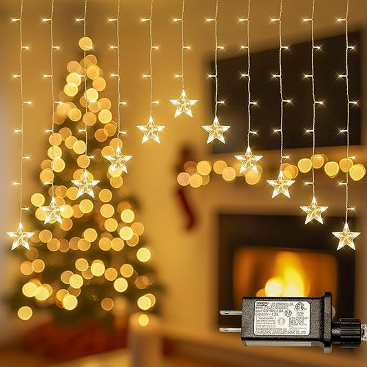 YOUNGAR Stars Icicle Lights, Stars Curtain Lights,11.5ft 118LED Hanging for Home Bedroom Ceiling, Warm White Lights Decor for Wall Indoor, Outdoor, Party, Garden Christmas