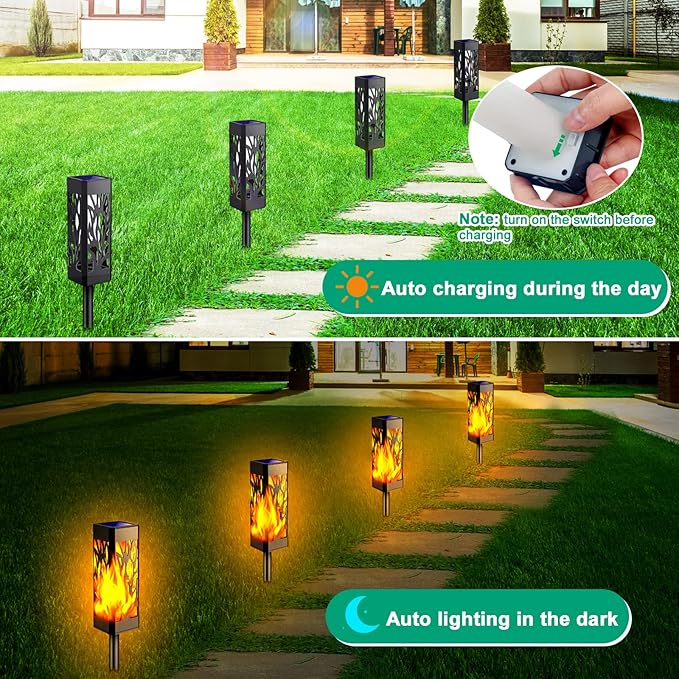 TomCare Flickering Flames Pathway Lights Solar Powered Decorative Garden Waterproof Torch Outdoor Landscape Lighting for Yard Patio