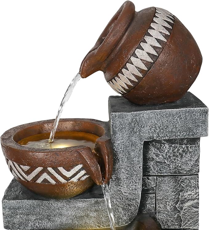 56.6in High Outdoor Indoor Water Fountain, 6-Tiered Poly-Resin Waterfall Fountain with LED Lights, Decorative Floor Standing Fountain for Garden, Patio, Yard, Home Decor