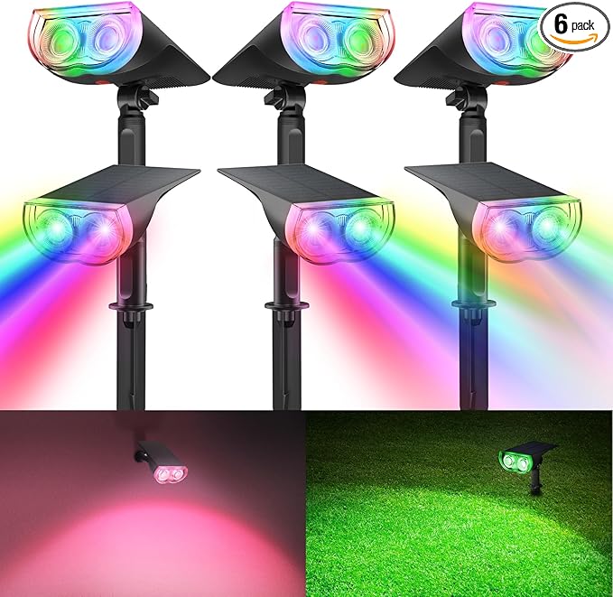 Consciot Solar Color Changing Outdoor Spotlights, 7 Lighting Modes Outside Solar Lights Waterproof IP67, Multicolor Christmas Decorations Landscape Lights for Pathway Patio Fence, Auto On/Off, 6 Pack