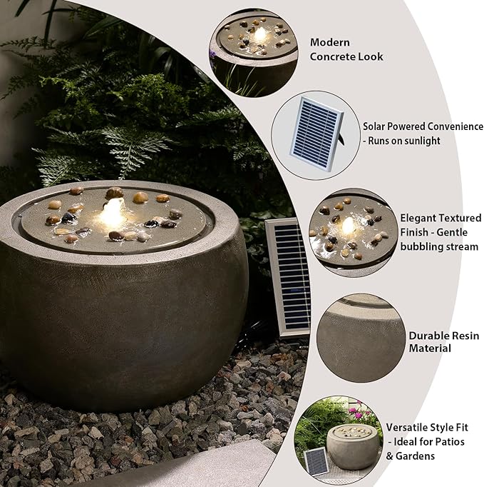 Solar Water Fountain Outdoor Garden Bubbler Water Feature Fountains Solar Powered for Patio Deck Yard Home Decor Gray, 18 "L x 18" W x 11.5" H