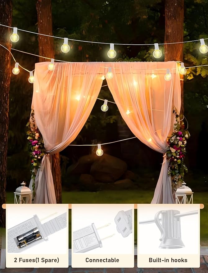 Outdoor LED String Lights 50ft - G40 Edison Bulbs with Clear Plastic Globes, Dimmable Waterproof Commercial Grade Fairy Lights for Wedding/Backyard/Cafe, Indoor Outdoor Party Decoration (Warm White)