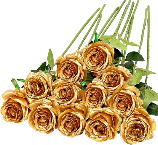Hawesome 12PCS Artificial Silk Flowers Realistic Roses Bouquet Long Stem for Home Wedding Decoration Party (Gold-1)