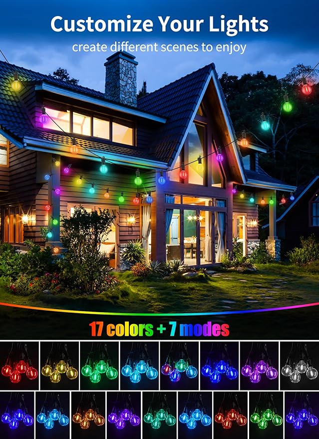 Brightown RGBW Outdoor String Lights, 25FT LED Patio Lights with Remote and Timer, Commercial Grade Waterproof Hanging Lights with 13 Shatterproof Bulbs(1 Spare) for Backyard Porch Garden Party Decor