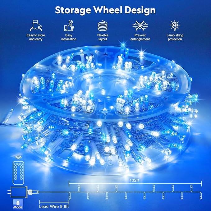 JMEXSUSS Blue and White Christmas Lights Outdoor, 8 Modes 400 LED Christmas String Lights Indoor,132ft LED Lights Plug in for Christmas Tree Party Decorations