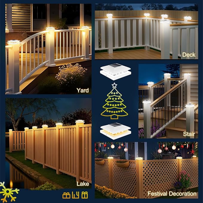 6 Pack Solar Post Cap Light Outdoor Fence Cap Lights 24 LEDs 2 Color Modes for Wooden/Vinyl Post, Waterproof Deck Patio Decoration Fits 5x5, 5.5x5.5 or 6x6 Wooden Posts (3000k/6000k)