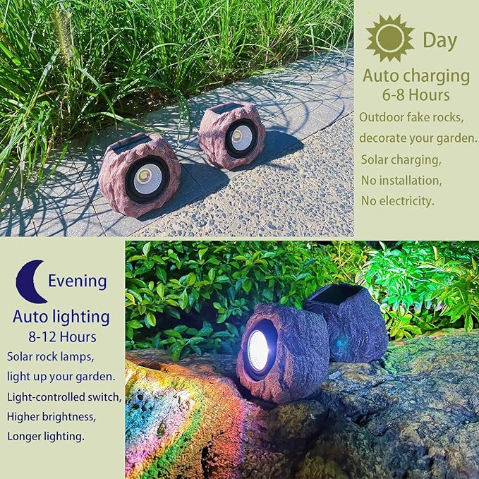 Solar Rock Lights Outdoor Waterproof, 2 Pack LED Colored Garden Landscape Light, Stone Statue Bright Solar Spot Light for Path, Yard, Patio, Lawn, Porch, Yard Decoration and Lighting