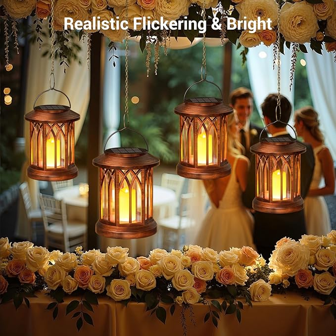 KOOPER 4 Pack Solar Lantern Outdoor Lights, Hanging Solar Lanterns Outdoor Decorative, Lanterns LED Flickering Flameless Candle Mission Lights for Yard Table Garden Decor