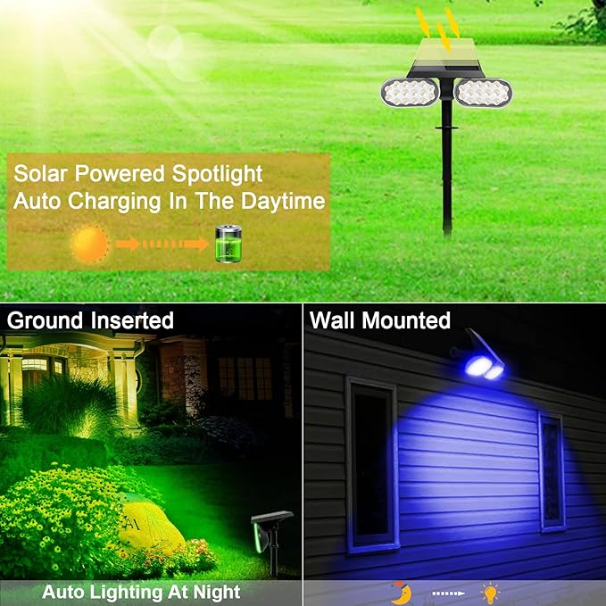 EMANER Outdoor Solar Spot Lights, Dusk to Dawn Solar Powered Landscape Spotlight Stay On, 5 Modes Super Bright Colorful Solar Stake Light for Exterior Halloween Christmas Decorations, 4-Pack