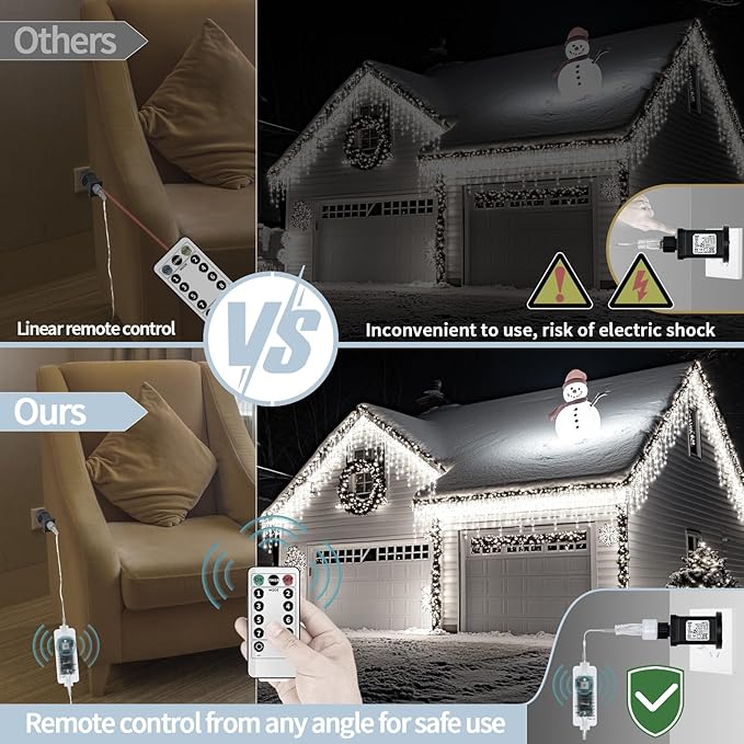 XZAI 800LED 50FT, Icicle String Lights, Plug-in, Cool White, Christmas Party Decors, Connectable, Memory, Remote, 8 Modes, Timer, Dimmable, IP65 Waterproof, Hanging Light for Outdoor & Indoor Use