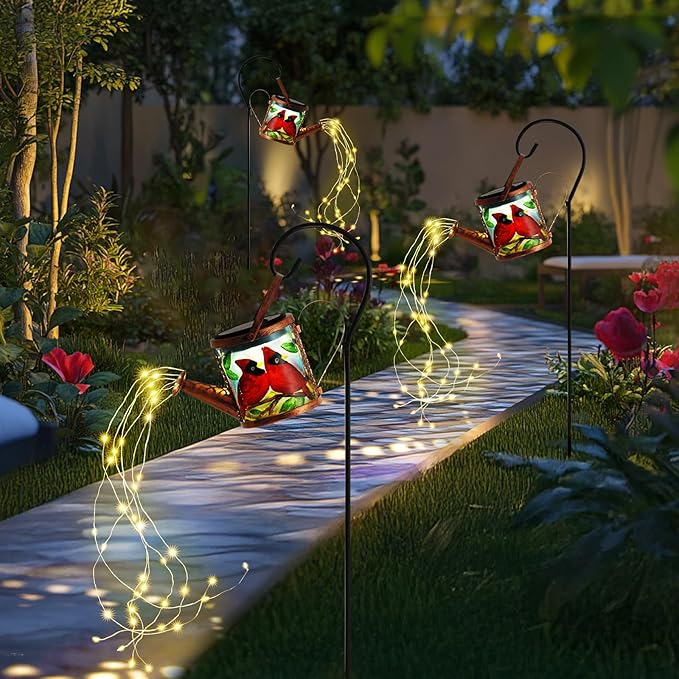 Larekook Solar Outdoor Watering Can Lights Decorative Path Lights, Metal Glass Solar Garden Light Outdoor Waterfall Decor Ornament for Yard Lighting Outside Cardinal