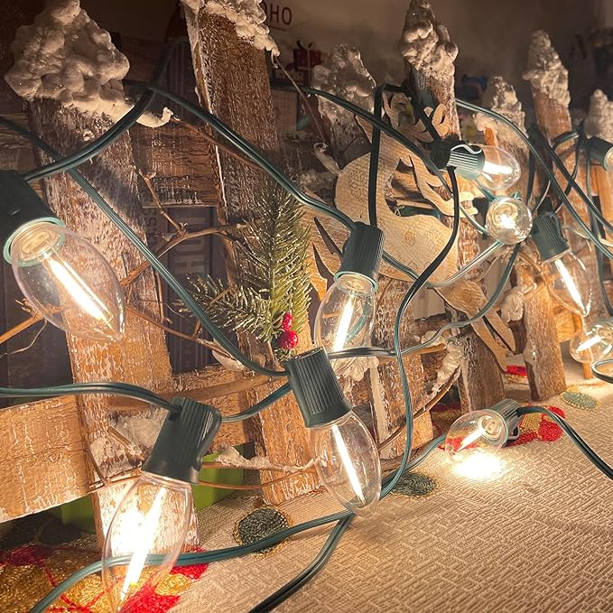 Vintage C9 LED Christmas Lights Outdoor, 25 Feet C9 Warm White String Lights Outdoor with 26 LED Clear Bulbs for Indoor Christmas Tree Roofline Holiday Party Garden Patio Backyard Cafe Decoration