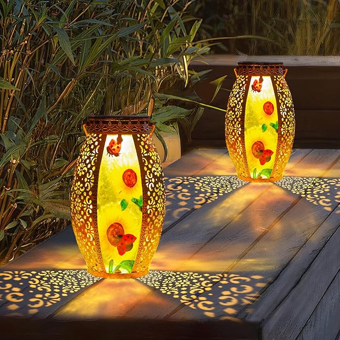 Sunflower Solar Lanterns Outdoor Waterproof,Hanging Solar Lantern with Ladybug,Outdoor Solar Lanterns with Hollowed-Out Design Metal &Glass Lantern,Solar Lights for Garden Patio Lawn Decor