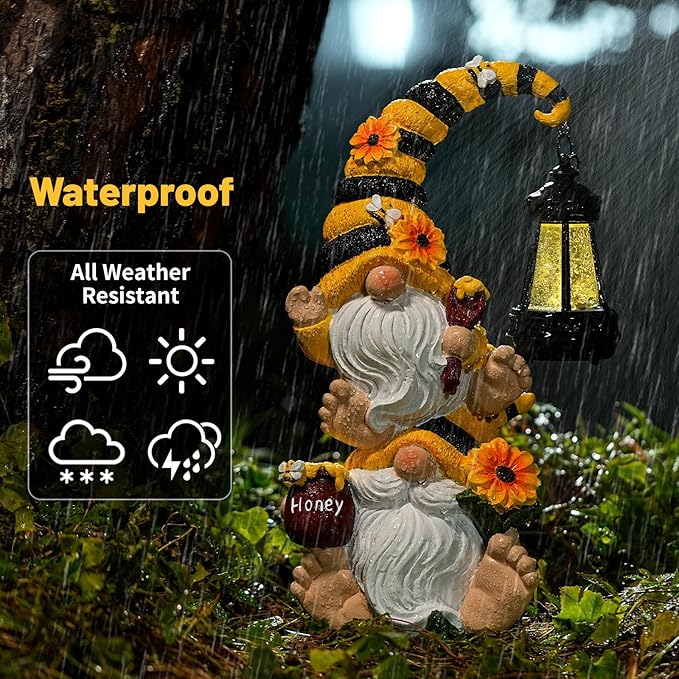 Solar Bee Garden Gnomes with LED Lantern – Waterproof Stacked Outdoor Decor for Yard, Patio – Unique Gnome Gift for Mom, Grandma, Women (Weatherproof Resin Outdoor Statues)
