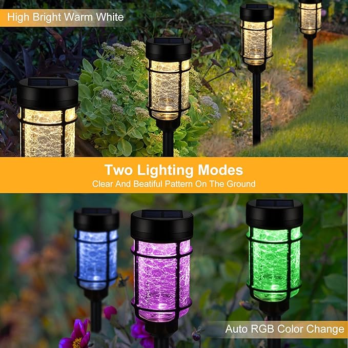 Solar Pathway Lights 8 Pack, Color Changing+Warm White LED Solar Lights Outdoor, Waterproof Solar Crackle Glass Stake Lights for Garden Path Walkway Backyard Lawn Landscape Decoration