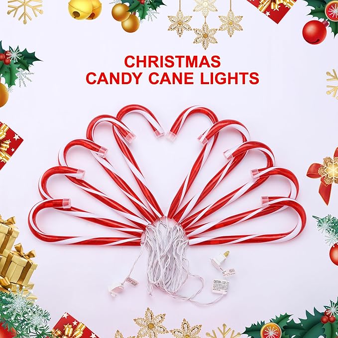 VCOKEN 10'' Christmas Candy Cane Pathway Markers Lights - Set of 10 Christmas Stakes Lights Outdoor Pathway Decorations, Connectable & Light Up Xmas Holiday Party Yard Art Indoor Outdoor Ornament