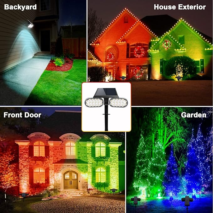 EMANER Solar Outdoor Spot Lights, RGB Solid Color+Multicolor Changing, Solar Spotlight Keep On, Dusk to Dawn Pathway Stake Light Waterproof for Christmas Halloween Outside Tree Garden Decor, 2Pack