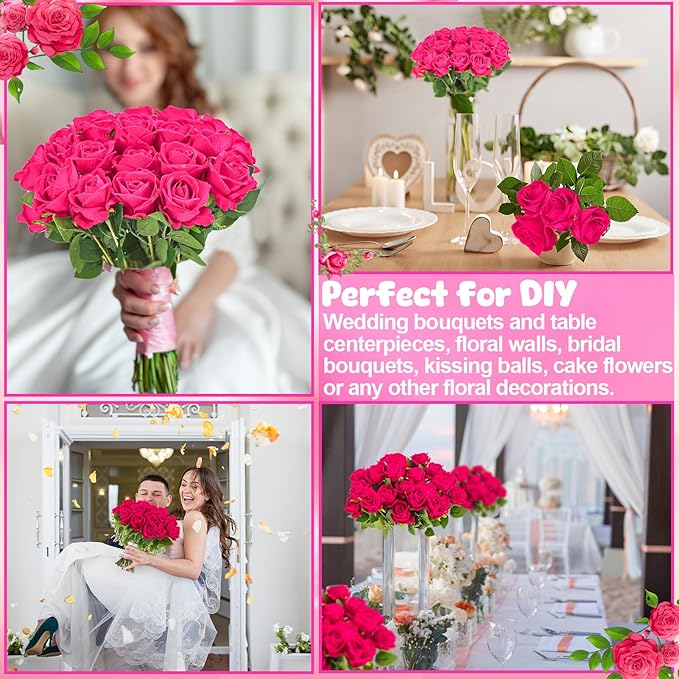 36 Pcs Hot Pink Artificial Roses with Long Stems, Fake Silk Rose Artificial Flowers Bulk for Bridal Wedding Bouquet Centerpiece Ball Arrangement Party Decor