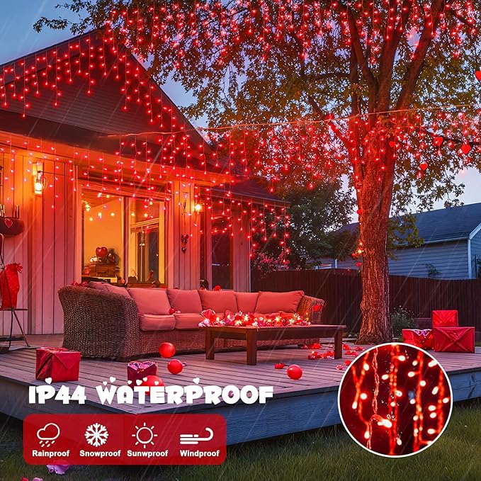 JMEXSUSS 400 LED Red Icicle String Lights, Connectable Red String Lights Indoor Outdoor with Remote, Red Christmas Lights for Room Fireplace Christmas Valentine Decorations, EXS-I-0400-R