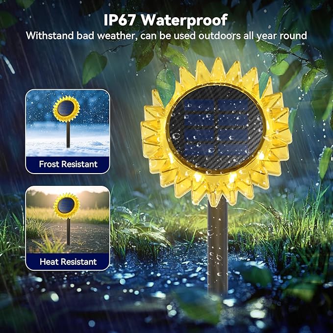 Hogni Solar Pathway Lights - 2 Pack LED Sunflower Garden Light, Waterproof Outdoor Decor for Wall, Lawn, Yard, Walkway, Patio, Landscape